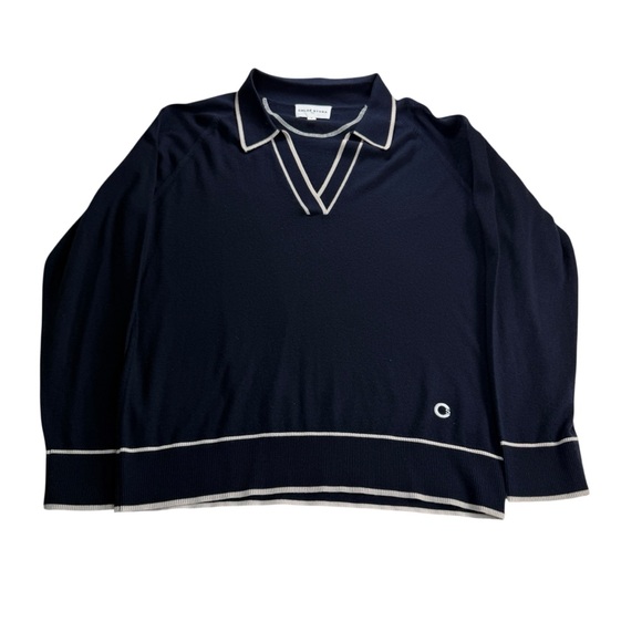 Sweaters - Chloé Stora dark navy blue long-sleeve polo shirt sweater 100%‎ merino wool